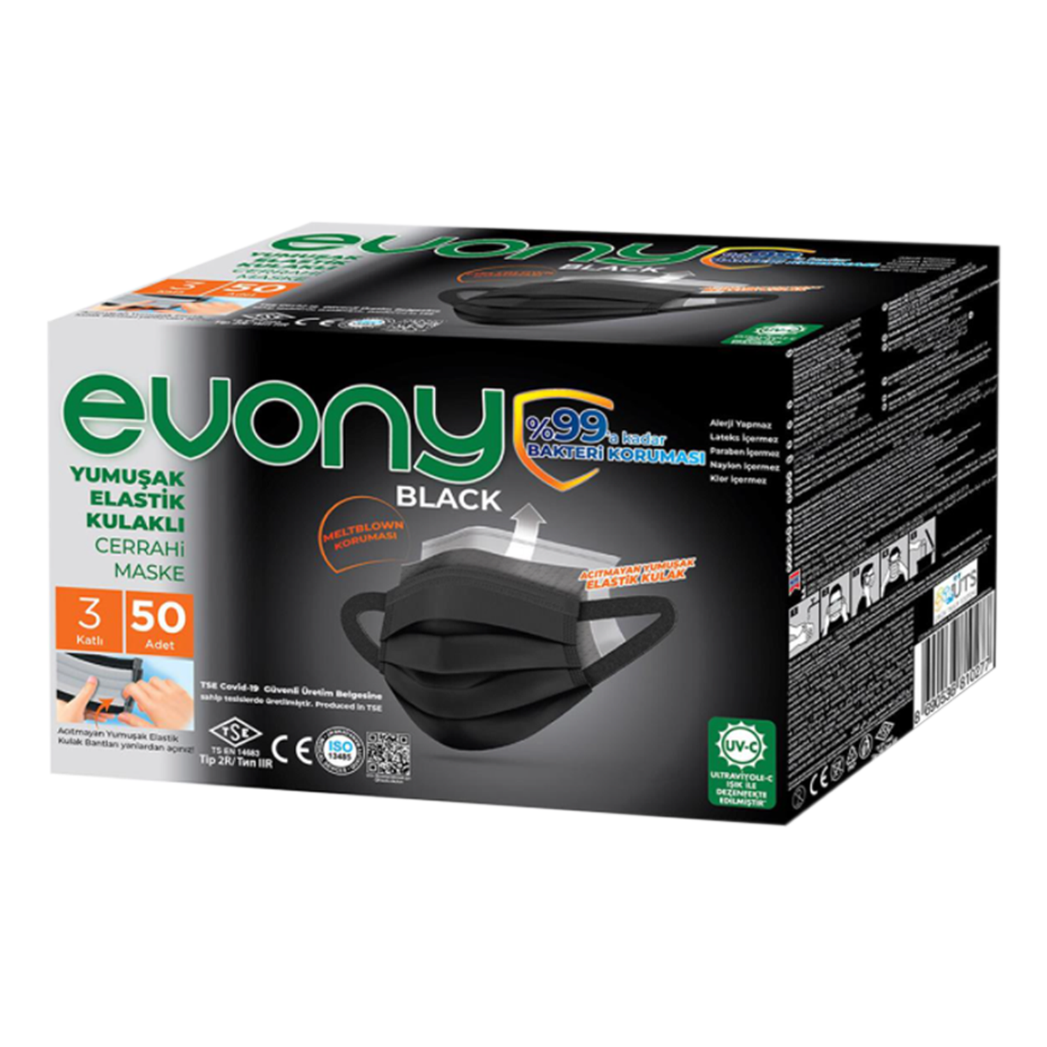 Evony Siyah Cerrahi Maske 50Li