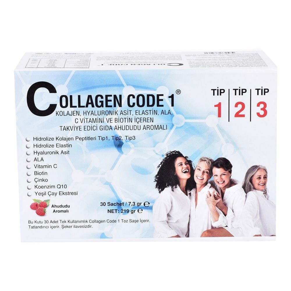 Collagen Code 1 Tip1 Tip2 Tip3 Hidrolize Kolajen + Hyaluronik Asit + C Vitamini içeren Gıda Takviyesi 30 Saşe Ahududu Aromalı
