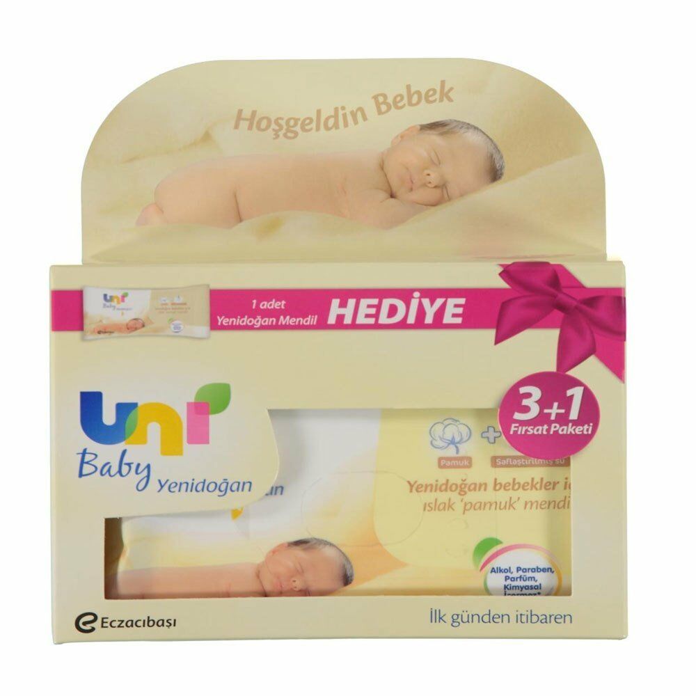 Uni Baby Yenidoğan Islak Pamuk Mendil 3+1 (4lü Paket 160 Yaprak)