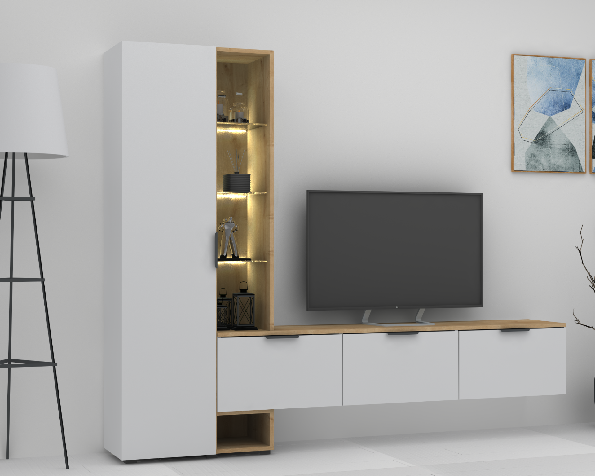 Dmodül Softline-M3  Tv Ünitesi 223 cm Meşe Beyaz