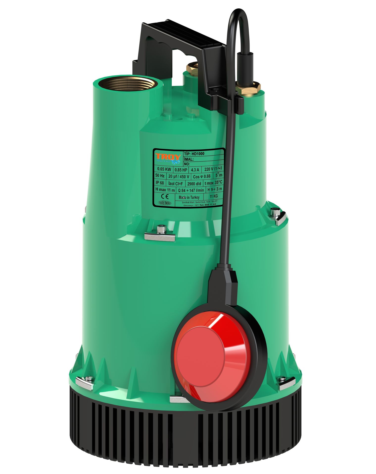 TROY HD 1300  Plastik Atık Su Drenaj Dalgıç Pompa  1,3 Hp , 14 Mss , 10 m3/h