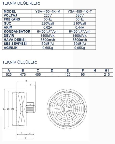 Ayas 45 cm Sanayi Tipi Aspiratör 220 Volt Monofaze