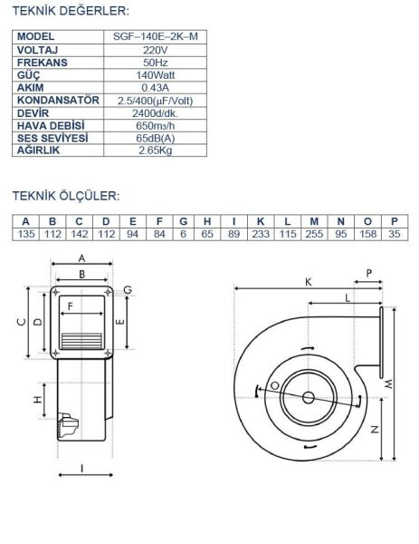 Ayas SGF-140E-2K-M Sac Gövdeli Radyal Salyangoz Fan