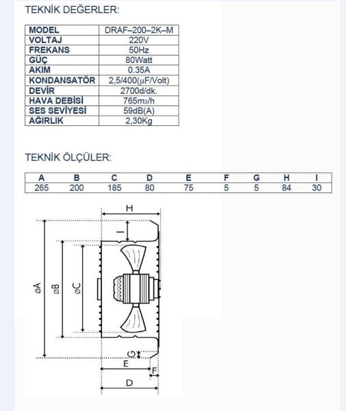 Ayas DRAF-200-2K-M 20 cm Sanayi Tipi Aspiratör