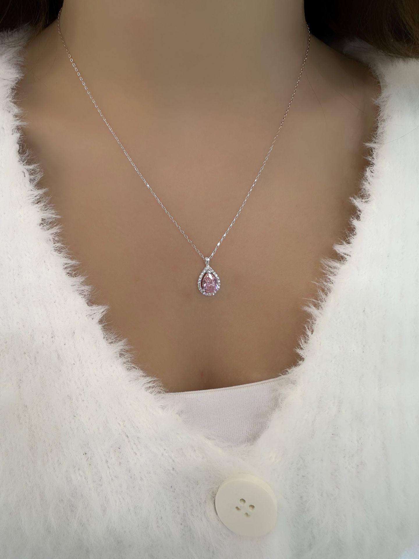 Gümüş Bayan Pembe Damla Kesim Kolye