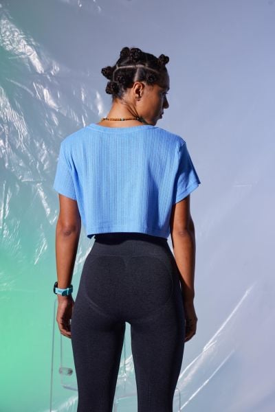 3D Woof Baskı Crop Top (Mavi)