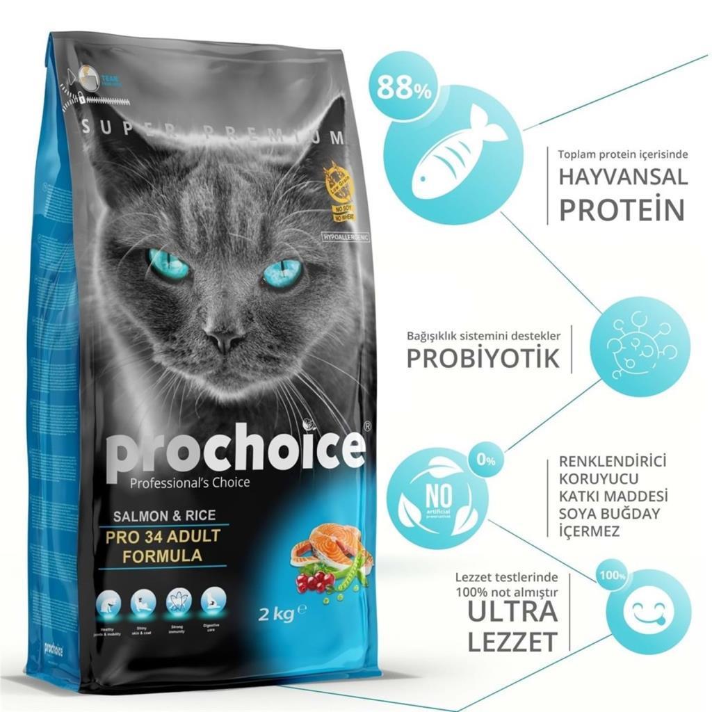 Pro Choice 34 Somonlu ve Pirinçli Yetişkin Kedi Maması 2kg