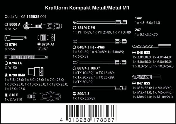 WERA Kraftform Kompakt M1 Metal İşleri İçin Bits Uç Seti (05135928001)