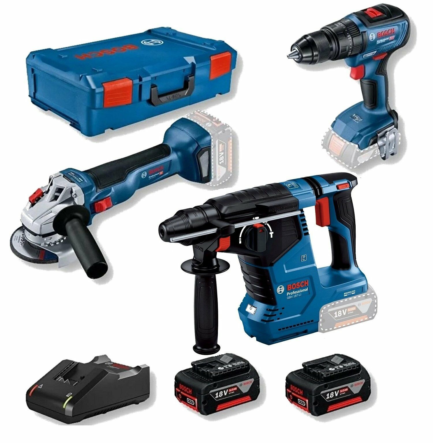 BOSCH GBH 187+GWS 18+GSR 18 Akülü Kırıcı Delici - Taşlama - Matkap Seti 5.0 Ah Çift Akü