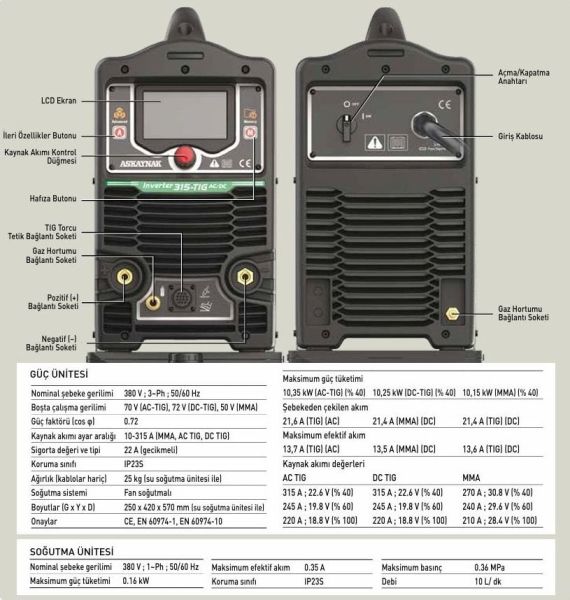 ASKAYNAK 315W AC-DC Pulse Tig - Argon Kaynak Makinası 315 Amper Su Soğutmalı