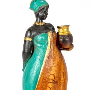 Otantik Vazo Taşıyan Afrikalı Kadın Turkuaz-Kahverengi 11x38x11 Cm.
