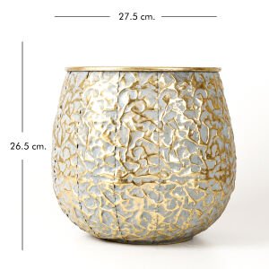 Kabartma Desenli Metal Çiçeklik Saksı Altın Eskitme 27,5x26,5x27,5 Cm.