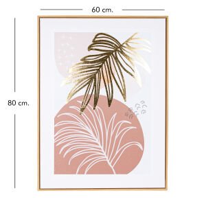 Doğal Ahşap Çerçeveli Gold Kabartmalı Palmiye Yaprağı Kanvas Tablo Somon-Kahverengi 60x3x80 Cm.