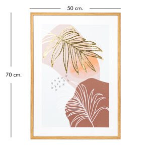 Doğal Ahşap Çerçeveli Gold Kabartmalı Palmiye Yaprağı MDF Üzeri Baskı Tablo Somon-Kahverengi 50x2,5x70 Cm.