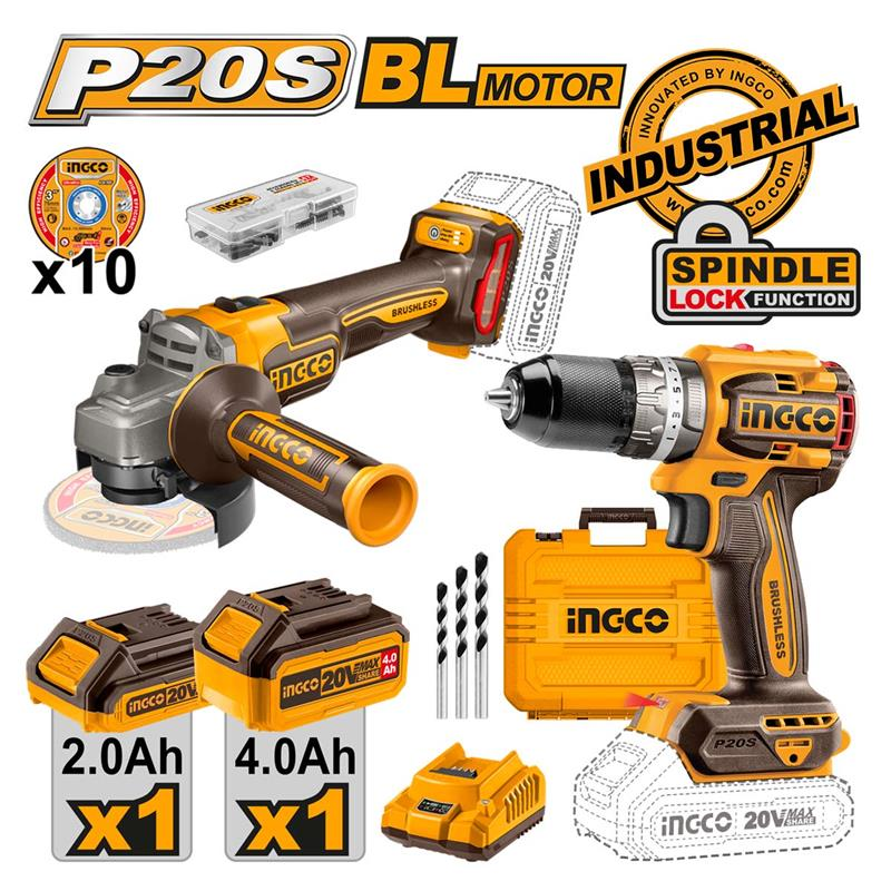 INGCO CKLI20273E Kömürsüz Li-ion Akülü 2 li Kombo Set - Matkap ve Avuç Taşlama 20V 2.0/4.0 Ah