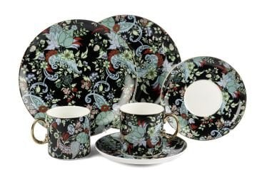 Garden Siyah 2li Pasta Tabaklı Çay Fincan Seti 6 Parça 180cc