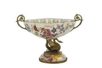 Krem Çiçek Desenli Dekoratif Ayaklı Kase 40x28cm