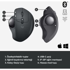 LOGİTECH MX ERGO KABLOSUZ KONFORLU TRACKBALL MOUSE - SİYAH  910-005179