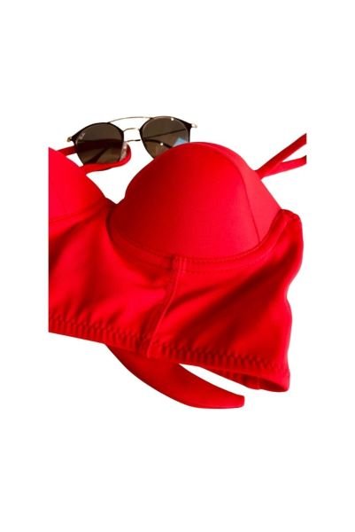 Kırmızı Yüksek Bel Bikini Alt Üst Takım