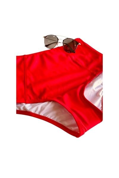 Kırmızı Yüksek Bel Bikini Alt Üst Takım