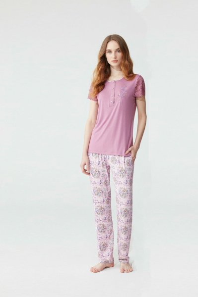 Gül Kurusu Düğme Detaylı Dantel Kısa Kollu Çiçekli Pijama Takımı