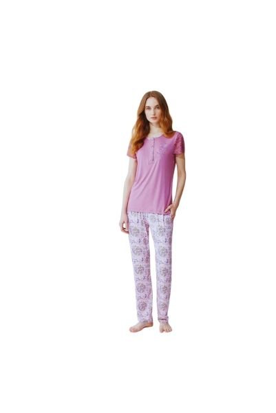 Gül Kurusu Düğme Detaylı Dantel Kısa Kollu Çiçekli Pijama Takımı