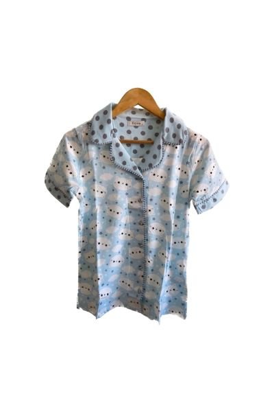 Mavi Desenli Önden Düğmeli Gömlek Yaka Kısa Kol Pijama Takımı