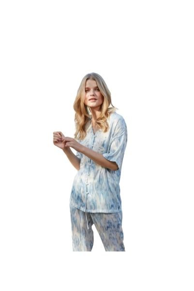 Mavi Önden Düğmeli Kısa Kollu Pijama Takımı