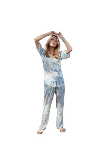 Mavi Önden Düğmeli Kısa Kollu Pijama Takımı