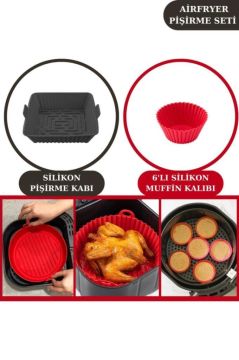 Onikiden Airfryer Silikon Kare Pişirme Kabı ve 6’lı Kek Muffin Kalıbı Set- Hava Fritözleriyle Uyumlu