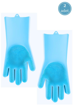 2 Adet Isıya Dayanıklı Çok Amaçlı Silikon Eldiven, Bulaşık Temizlik Yıkama Eldiveni 2’li Set Mavi