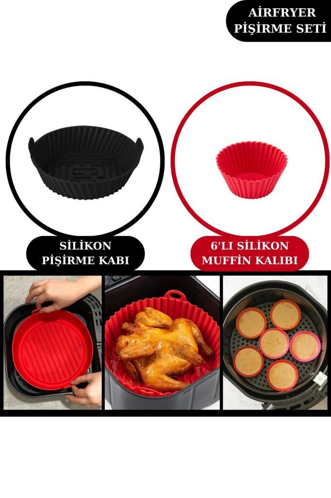 Onikiden Airfryer Silikon Pişirme Kabı ve 6’lı Kek Muffin Kalıbı Set- Tüm Hava Fritözleriyle Uyumlu