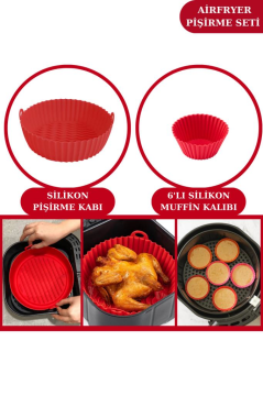 Silicolife Airfryer Silikon Pişirme Kabı ve 6’lı Kek Muffin Kalıbı Set- Hava Fritözleriyle Uyumlu