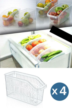 Flosoft 4 Adet Şeffaf Buzdolabı Sepeti, Mutfak Dolap İçi Düzenleyici Sebze Meyve Organizer 4’lü Set