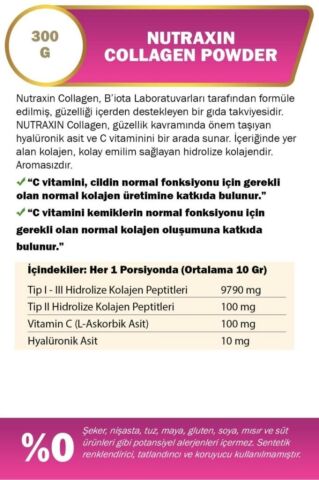 Nutraxin Collagen Powder Toz 300 gr Aromasız Kolajen Tip 1, 2, 3