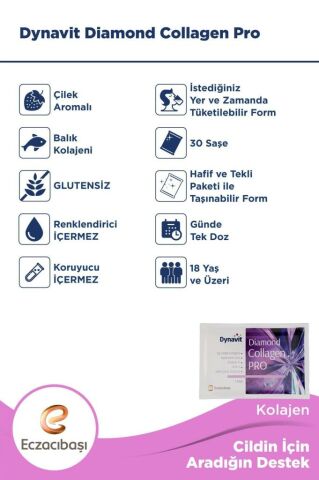 Dynavit Diamond Collagen Pro Çilek Aromalı Hidrolize Balık Kolajeni 30 Saşe