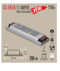 Cata 200W 17 Amper Şerit Led Trafosu Süper Slim Fansız CT-2676