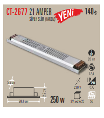Cata 250W 21 Amper Şerit Led Trafosu Süper Slim Fansız CT-2677