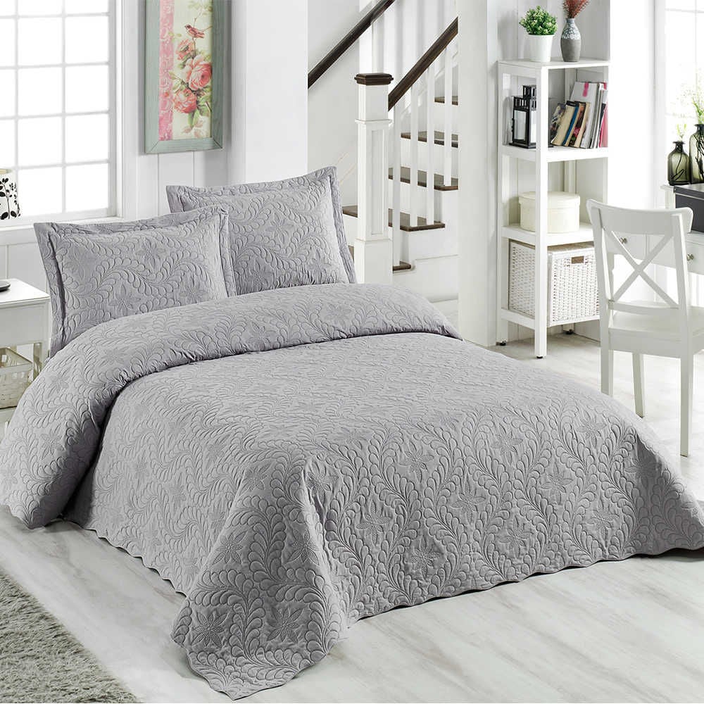 Çift Kişilik Microfiber Yatak Örtüsü Takımı Sarmaşık Gri