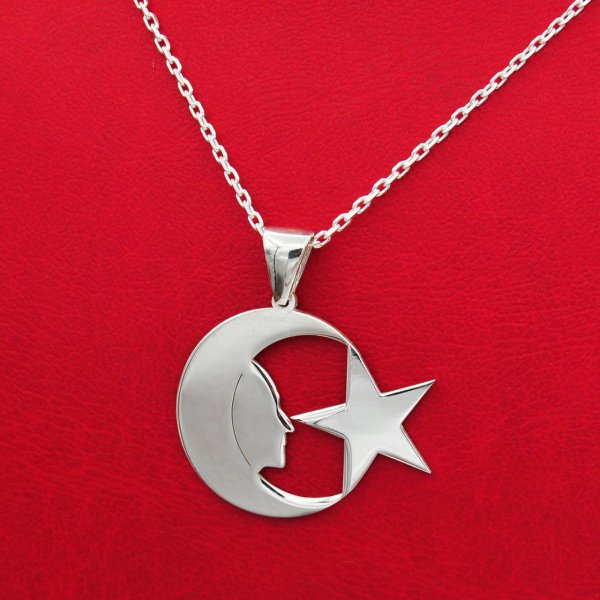Gümüş Özel Tasarım Ayyıldızlı Atatürk Kolye