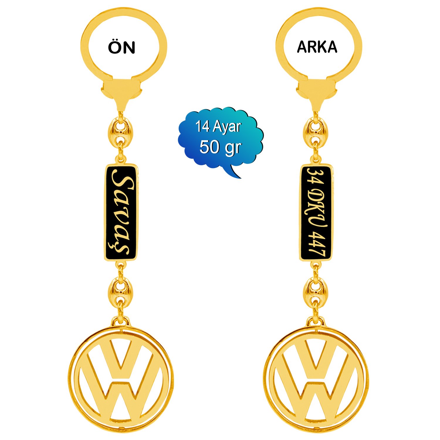 14 Ayar Altın Volkswagen Logolu İsimli Anahtarlık