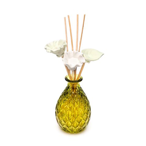 200 ml Yeşil Kabartmalı Cam Şişe Çiçek Seramik Taş Bambu Çubuklu Dark Amber Oda Kokusu