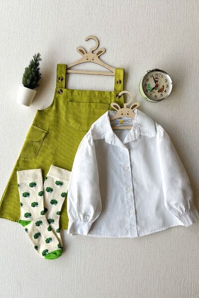 Çocuk Beyaz Klasik Yaka Crop Gömlek & Yağ Yeşili Çocuk Keten Etekli Salopet