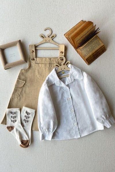 Çocuk Beyaz Klasik Yaka Crop Gömlek & Krem Çocuk Keten Etekli Salopet