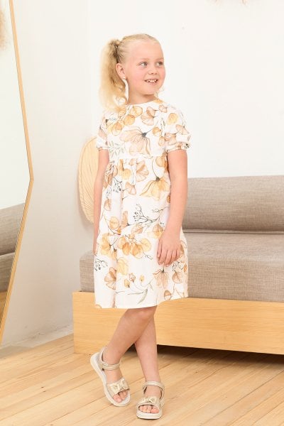 Soft Ceo Pas Çiçekli Yarım Kol  Çocuk Elbise