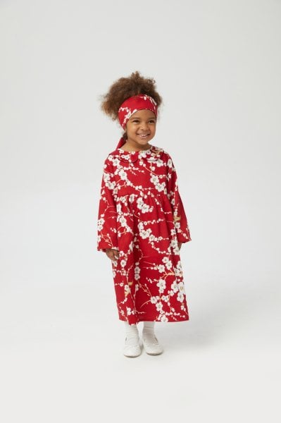 Çocuk Kırmızı Japon Çiçeği Bebe Yaka Elbise
