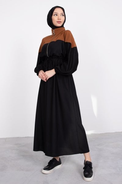 Fermuar Detaylı Bağcıklı Tesettür Elbise Turuncu