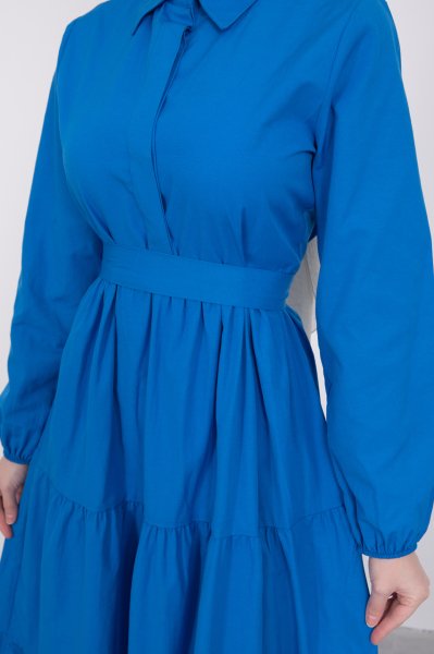 Gömlek Yaka Kuşaklı Tesettür Elbise Neon Mavi