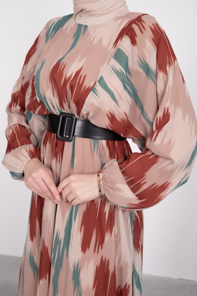 Renkli Fırça Darbeli Şifon Tesettür Elbise Vizon