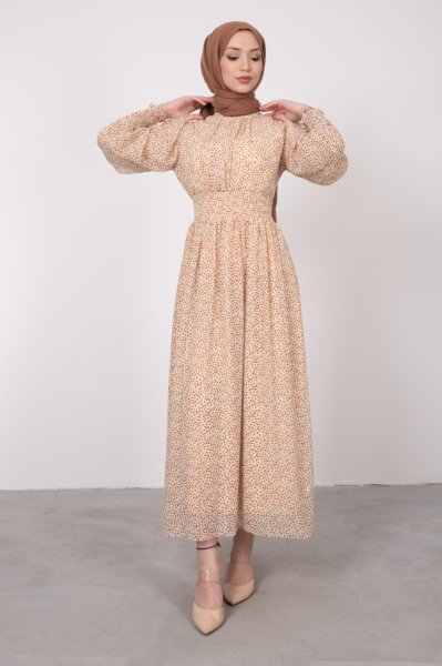 Mini Çiçekli Bel ve Manşet Lastikli Tesettür Elbise Buğday